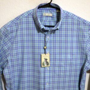 Donald Ross Shirt Men Large New Long Sleeve Button Blue Green Purple Stripes